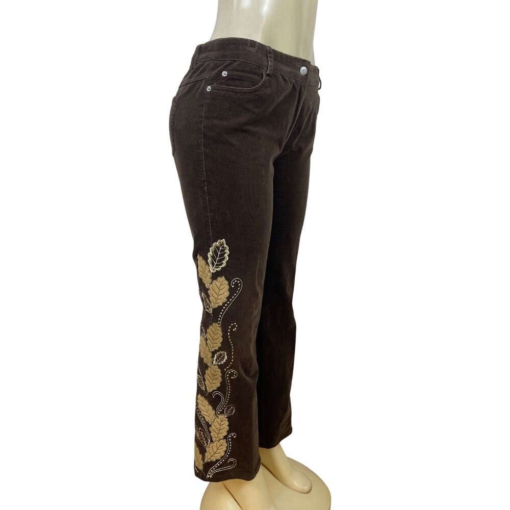 Kenzie Jeans Brown Womens Leaf Design Pants Mid-Rise Straight Leg Sz 6